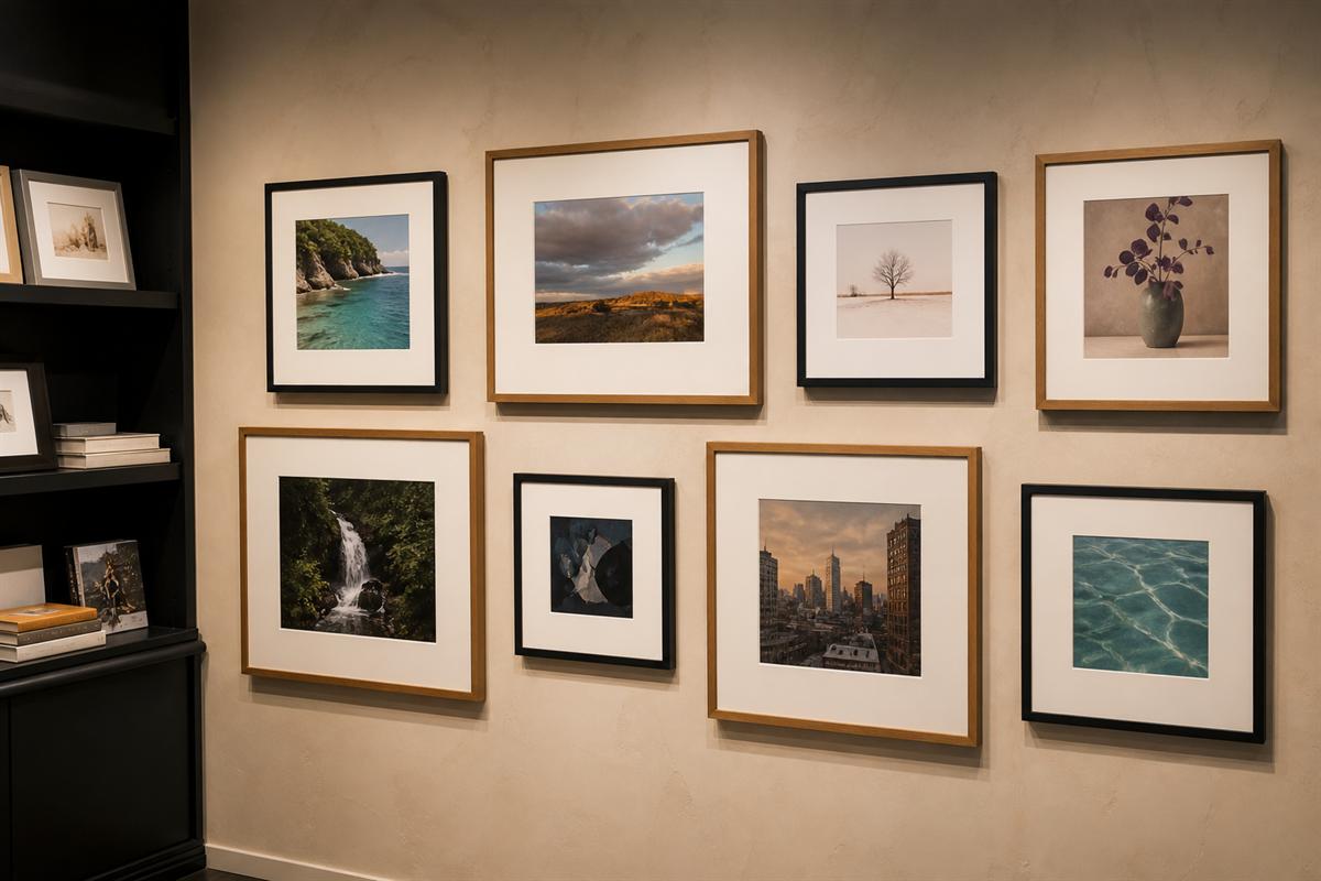 Framed works hanging on a shop wall